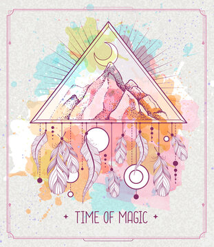 Modern magic witchcraft card with dream Catcher and mountains landscape with crescent on watercolor background. Vector illustration