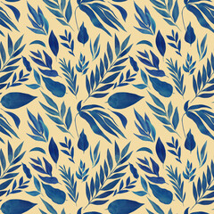 Seamless pattern of blue tropical leaves on yellow background, watercolor illustration, jungle design