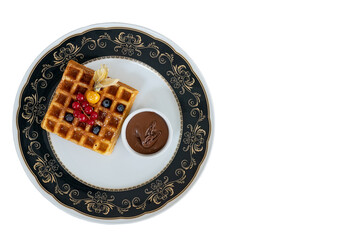 A waffle surved with chocolate sauce in the plate. Isolated
