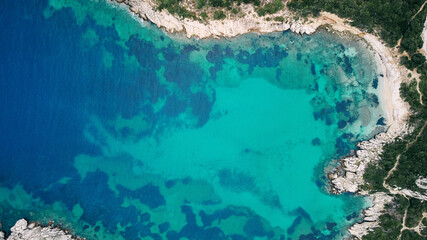 Aerial view of Porto Timoni beach and pirate bay on Corfu island in Greece