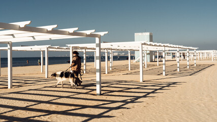 woman walking with dog on a sunny day on the beach by the sea