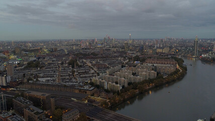 Aerials London, England, City Area Sunset up the Thames towards Big Ben
