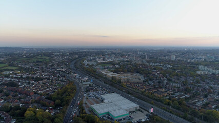 Aerials North London Near Wembley Stadium, London, England, Suburban Area Sunset Heavy traffic Near M1 Intersection