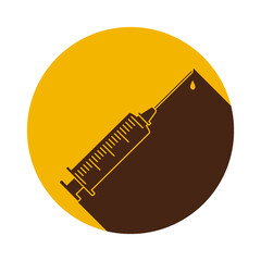 Sterile syringe with a needle. Yellow with brown injection icon. Healthcare in modern flat design. Medical education. Laboratory research. Vector.