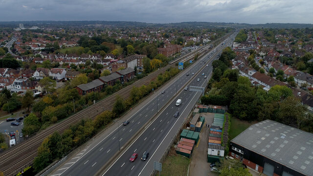 Aerial North London Near Wembley Stadium, London, England, Suburban Area Sunset Heavy traffic Near M1 Intersection
