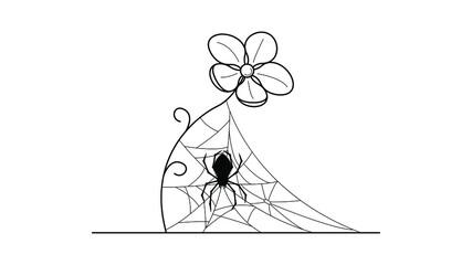 Spiders on Web with white Background. Flower Plant Brunch Halloween Background Design Element. Spooky, Scary Horror Decoration Vector