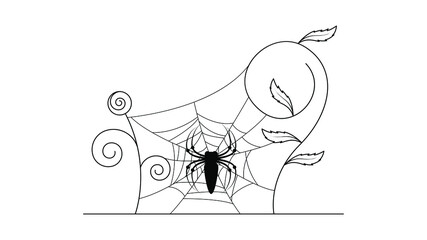 Spiders on Web with white Background. Flower Plant Brunch Halloween Background Design Element. Spooky, Scary Horror Decoration Vector
