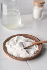 selective focus. food supplement collagen in the form of powder for dissolving in water. natural composition. benefits for the face and body
