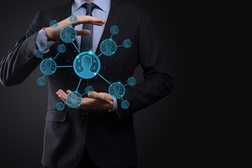 Businessman holding on hand icon of user man,woman low poly polygon style. Internet icons interface...