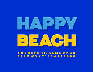 Naklejka na ściany i meble Vector travel sign Happy Beach. Sunny Yellow Font. Set of creative Alphabet Letters and Numbers
