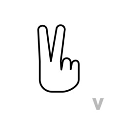 Obraz premium Letter V Universal and handicapped hand alphabet letter. Simple clear linear letter V, hand language. Learning the alphabet, non-verbal deaf-mute communication, expressive gestures vector.