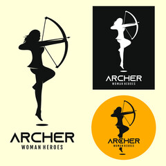 Archery Girl Logo Template, Female Silhouette Standing On One Leg