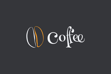 Coffee Logo. Hand Drawn Coffee Bean Line Style with Handwritten Lettering Calligraphy isolated on Black Background. Flat Vector Logo Design Template Element.