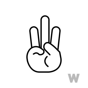 Letter W Universal and handicapped hand alphabet letter. Simple clear linear letter W, hand language. Learning the alphabet, non-verbal deaf-mute communication, expressive gestures vector.