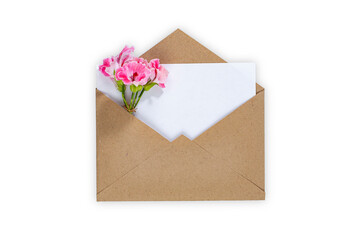 Envelope with a blank sheet of paper and a bright pink bouquet, mockup for a romantic message or letter, copy space.