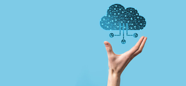 Cloud technology. Polygonal wireframe cloud storage sign with data collection icon on dark blue. Cloud computing, big data center, future infrastructure, digital ai concept. Virtual hosting symbol