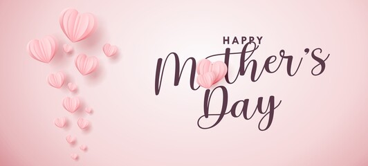 Mother's day greeting card. Vector banner with flying pink paper hearts. - 467568936