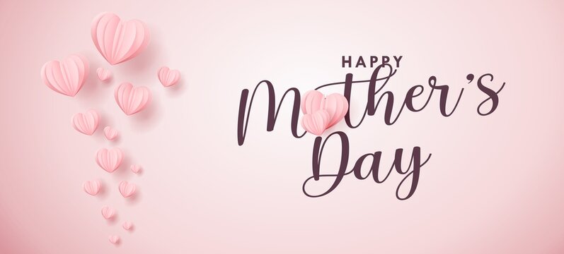 Mother's day greeting card. Vector banner with flying pink paper hearts.