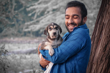 man with adorable street dog image - cute indian street dog images with man