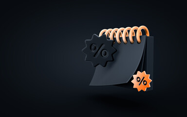 Fototapeta premium online shopping discount event calendar symbol with percent on dark background for social media post, banner, web template, cover 3d rendering