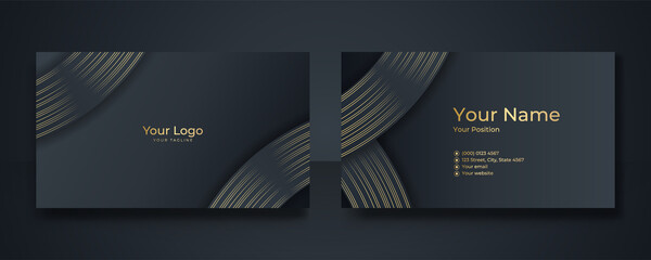 Modern Business Card - Creative and Clean Business Card Template. Luxury business card design template. Elegant dark back background with abstract golden wavy shapes lines shiny. Vector illustration