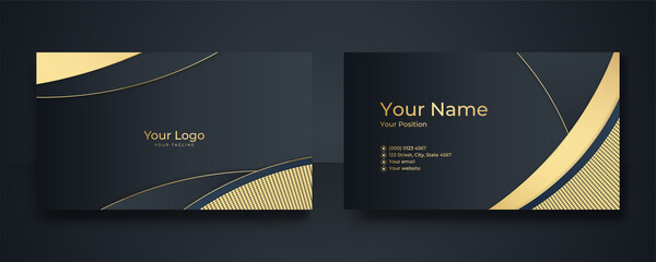Modern Business Card - Creative and Clean Business Card Template. Luxury business card design template. Elegant dark back background with abstract golden wavy shapes lines shiny. Vector illustration
