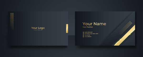 Modern Business Card - Creative and Clean Business Card Template. Luxury business card design template. Elegant dark back background with abstract golden wavy shapes lines shiny. Vector illustration