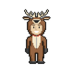 Сute cartoon kid in deer costume. New Year and Christmas pixel art on white background. Vector illustration. - 467569792