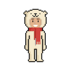 Сute cartoon kid in polar bear costume. New Year and Christmas pixel art on white background. Vector illustration. - 467569930