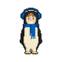 Сute cartoon kid in penguin costume. New Year and Christmas pixel art on white background. Vector illustration. - 467569946