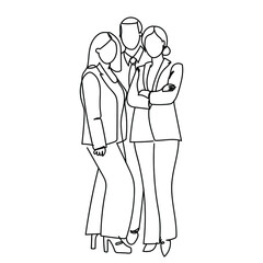 Fototapeta na wymiar Coworkers, continuous black line drawing. Office workers. Businessman and businesswoman standing. Vector illustration isolated on white background. Vector template brochures, flyers, print, banners. 