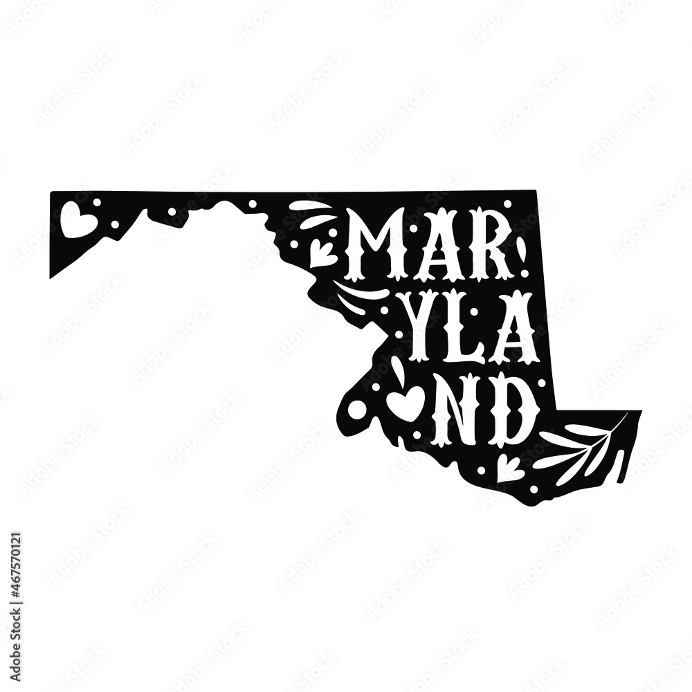 Wall mural maryland state map with doodle decorative ornaments. for printing on souvenirs and t-shirts