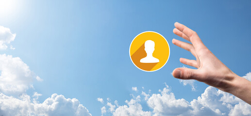Businessman holding on hand icon of user man,woman low poly polygon style. Internet icons interface...