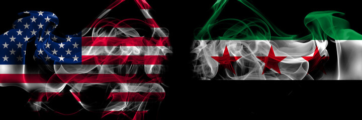 United States of America vs Syria, Syrian Arab Republic, three stars smoke flags placed side by side