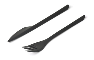 Black plastic disposable fork and knife