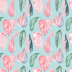 Floral tropical Seamless pattern of palm leaves, watercolor illustration, blue background