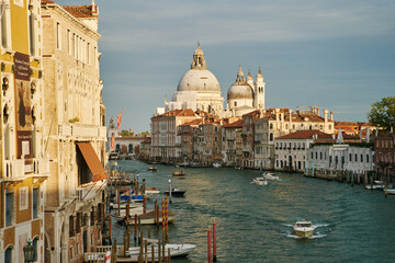 Venice, Italy - 10.12.2021: View from the Accademia Bridge to the Cathedrale Santa Maria della Salute