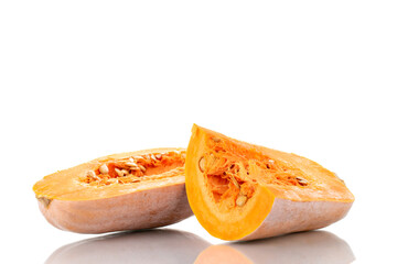 Two halves of ripe organic pumpkin, close-up, isolated on white.