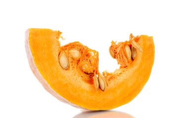 One slice of sweet organic pumpkin, close-up, isolated on white.