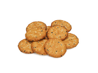 Many delicious crackers on white background, top view