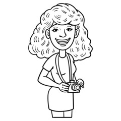 Laughing woman with curly hair and camera in hand. avatar, comic, outline, monochrome.