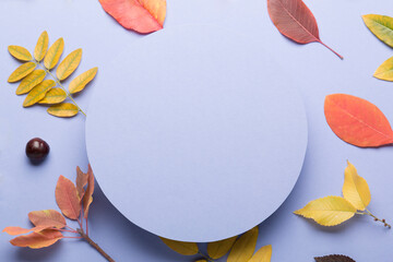 Autumn composition on a bright light background. Colored leaves, chestnuts. Autumn. Mockup for text.