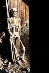 Skeleton lounging against a wall seen through a dark door frame