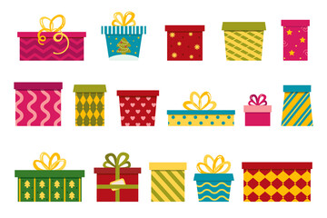 Naklejka premium Big set of vector gift boxes. Image for the design of stickers, cards, congratulations, stationery.