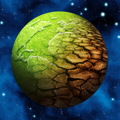 planet Earth half green half dry, global warming concept