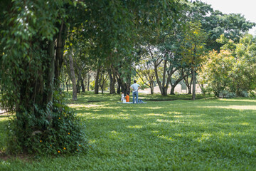 Family on a picnic in the park. Life after lockdown. People wearing medical masks from coronavirus. Social distance. Picnic on the green lawn in Park