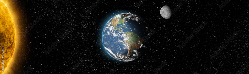 Wall mural sun star and planet earth and moon in space front view. cosmic background.solar system.elements of t