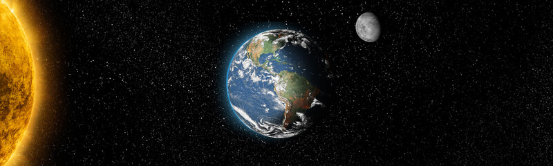 Sun star and planet earth and moon in space front view. Cosmic background.Solar system.Elements of this image furnished by NASA