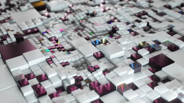 Abstract 3d white rainbow cubes background. Futuristic concept of network, data, digital. 3d animation of seamless loop