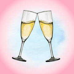 Watercolor hand drawn wine glass illustration cheers